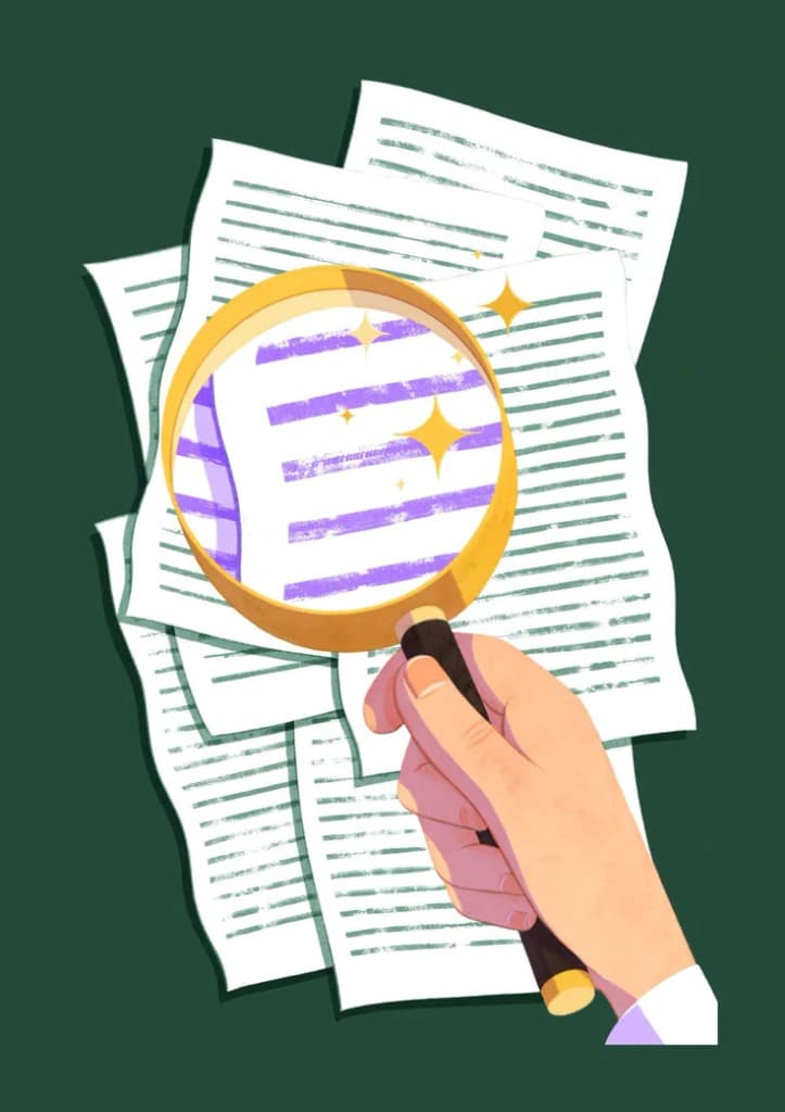 Hand holding a magnifying glass over meeting notes — illustrating how bot-free AI turns raw notes into clear insights