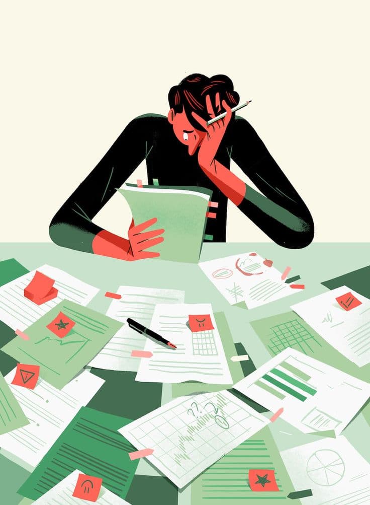 Illustration of a person overwhelmed by meeting notes and charts at a desk — representing the overload an AI meeting assistant can help solve