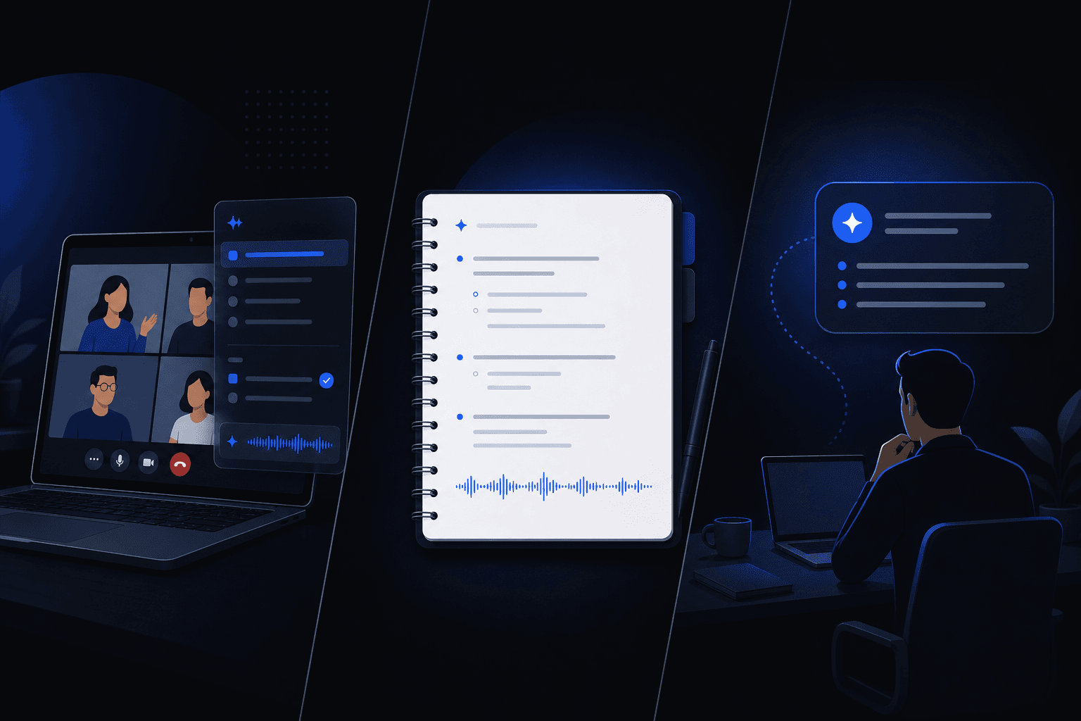 Comparison of AI meeting tools — bot-free AI notepad, real-time copilot, and live interview assistant illustrated side by side
