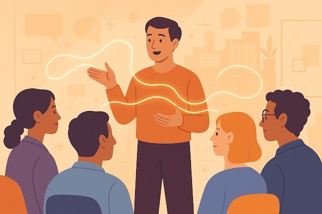 Illustration of a sales rep presenting to a team with flowing ideas — representing real-time AI support during meetings